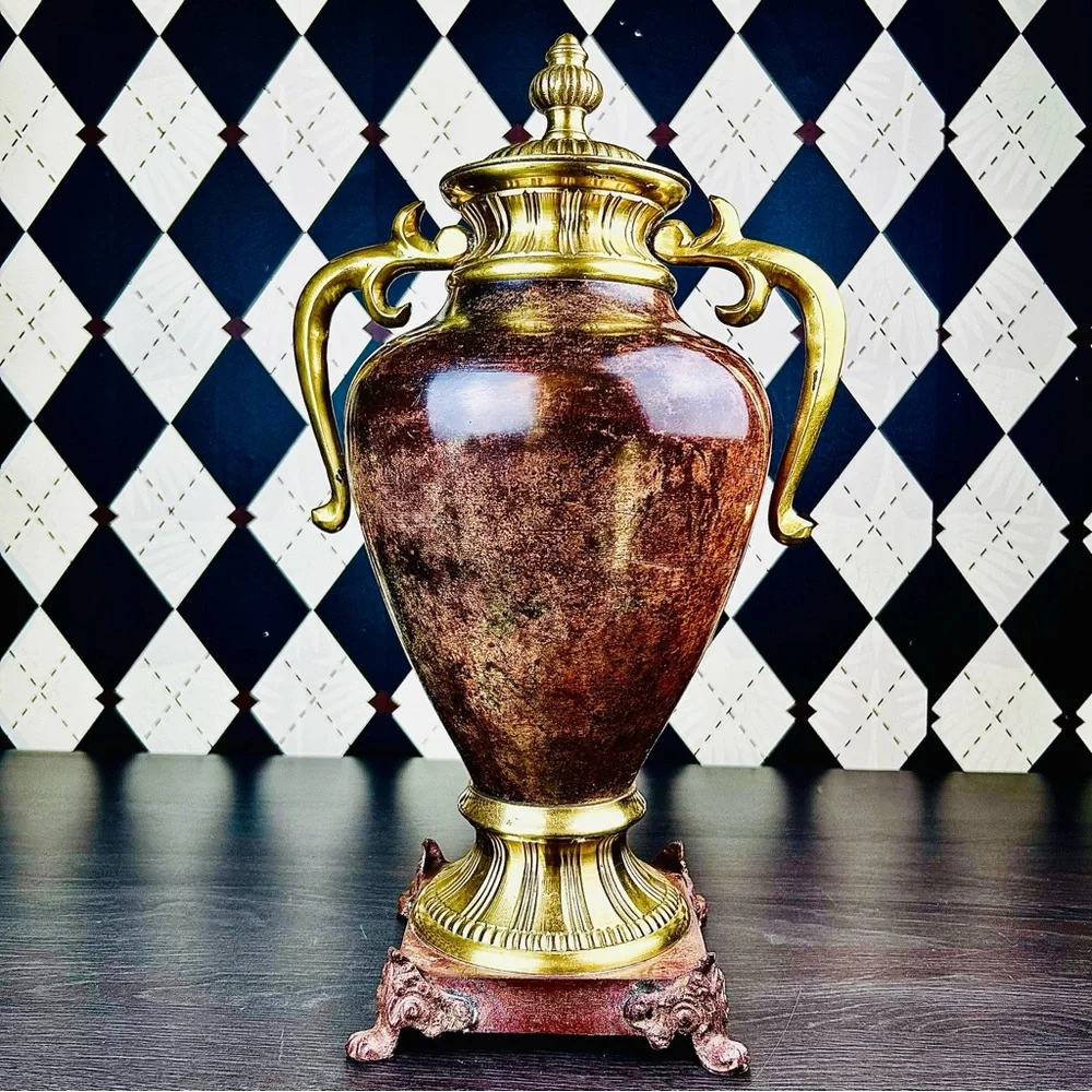 Neoclassical Gilt Metal Urn Pair Mid Century Modern‎ Hollywood Regency Luxury - Picture 10 of 16